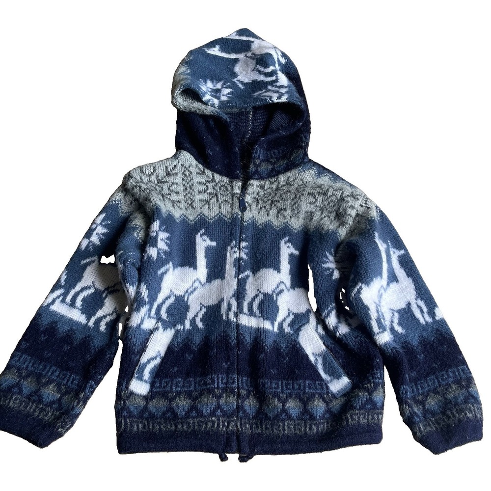 Tejidos Ruminahui Alpaca Wool Full-zip Hooded Sweater Blue Youth Size 4 - Picture 1 of 5